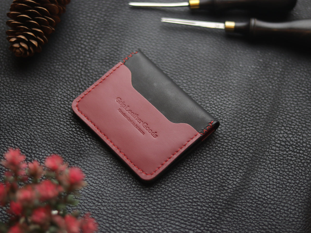 BISON ITALIAN BIFOLD CARD HOLDER - CRIMSON RED & MATTE BLACK GRIP LEATHER GOODS
