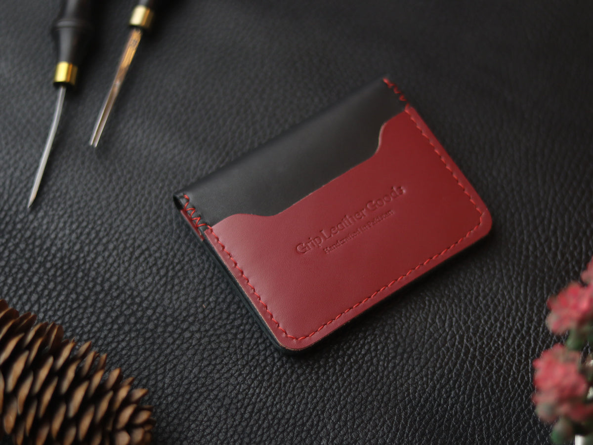 BISON ITALIAN BIFOLD CARD HOLDER - CRIMSON RED & MATTE BLACK GRIP LEATHER GOODS