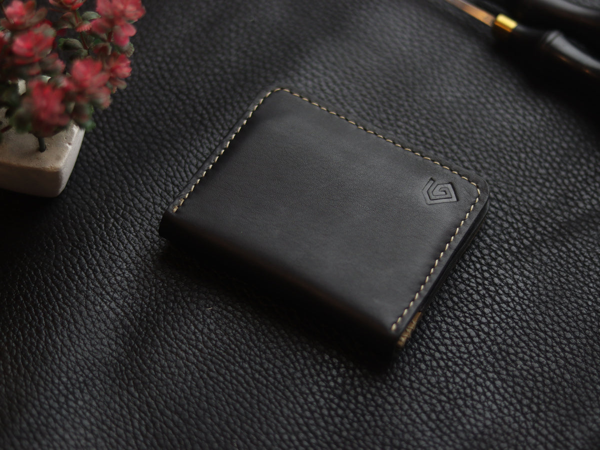 BISON ITALIAN BIFOLD CARD HOLDER - MATTE BLACK & CHIFFON WHITE GRIP LEATHER GOODS