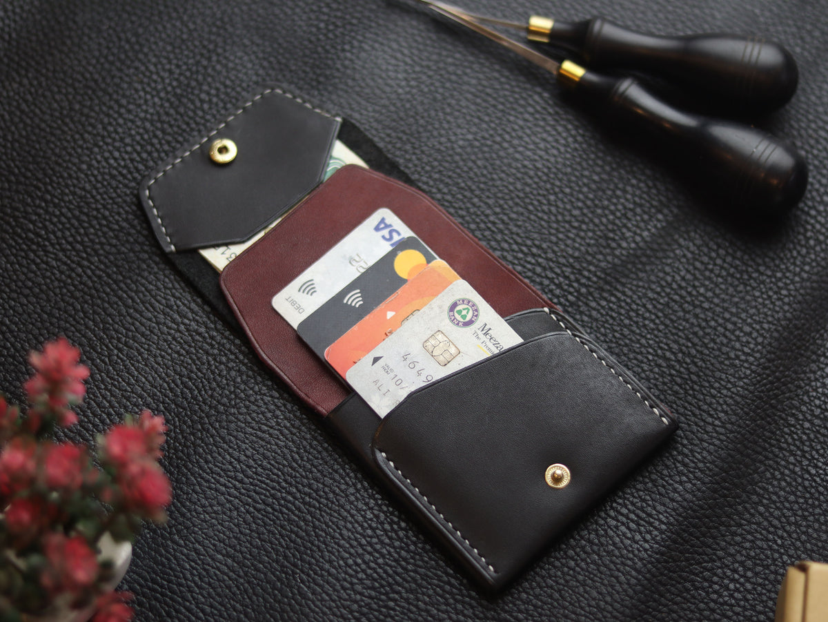 CARVES MINI SMART WALLET CHARCOLE BLACK & BURGUNDY GRIP LEATHER GOODS