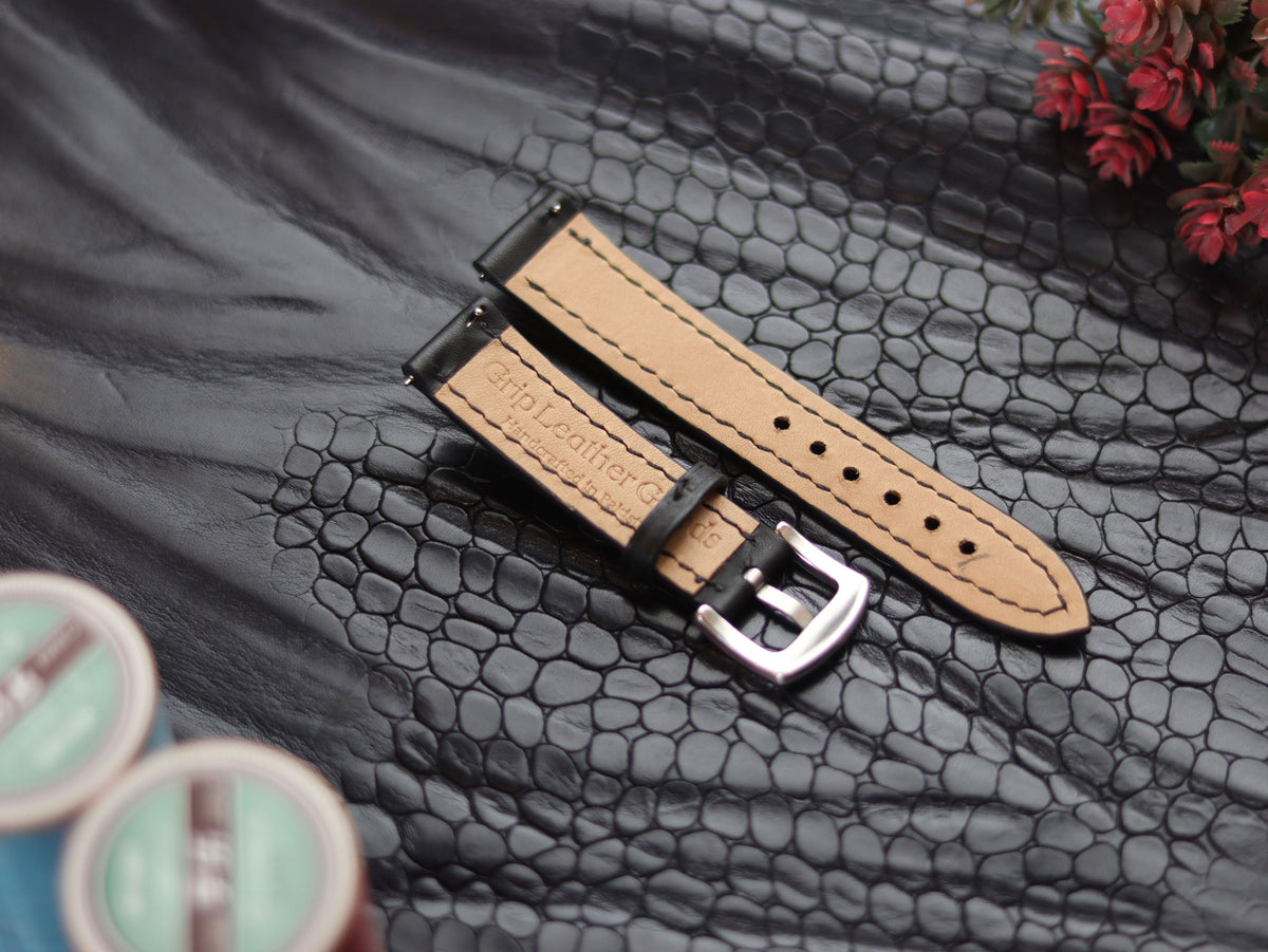 LEATHER STRAPS MATTE BLACK (BLACK) FULL STITCHED GRIP LEATHER GOODS