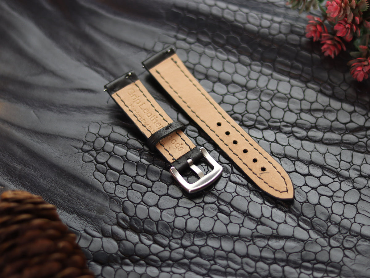LEATHER STRAPS MATTE BLACK (BLACK) FULL STITCHED GRIP LEATHER GOODS