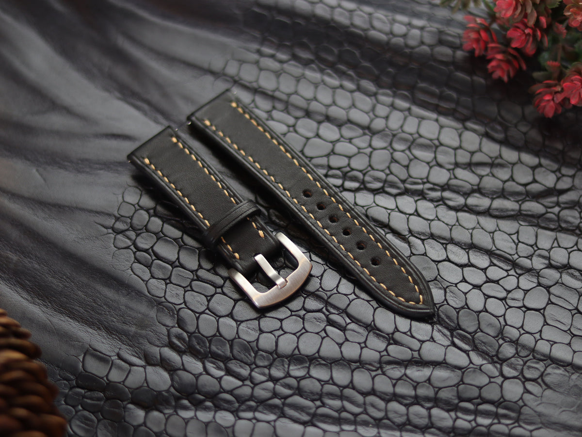 LEATHER STRAPS MATTE BLACK ( SUNSET ORANGE) FULL STITCHED GRIP LEATHER GOODS