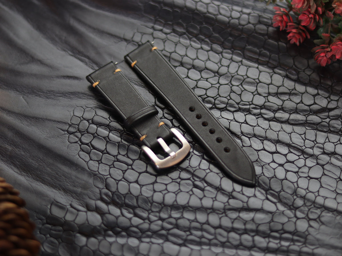 LEATHER STRAPS MATTE BLACK ( SUNSET ORANGE) MINIMAL STITCHED GRIP LEATHER GOODS