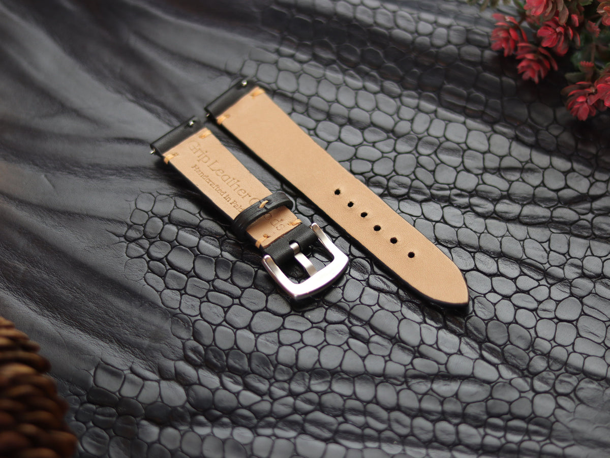 LEATHER STRAPS MATTE BLACK ( SUNSET ORANGE) MINIMAL STITCHED GRIP LEATHER GOODS