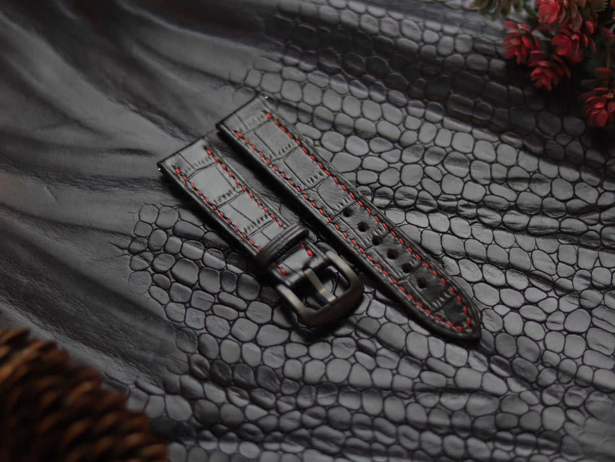 LEATHER STRAPS PYANTOM BLACK (RED) FULL STITCHED GRIP LEATHER GOODS