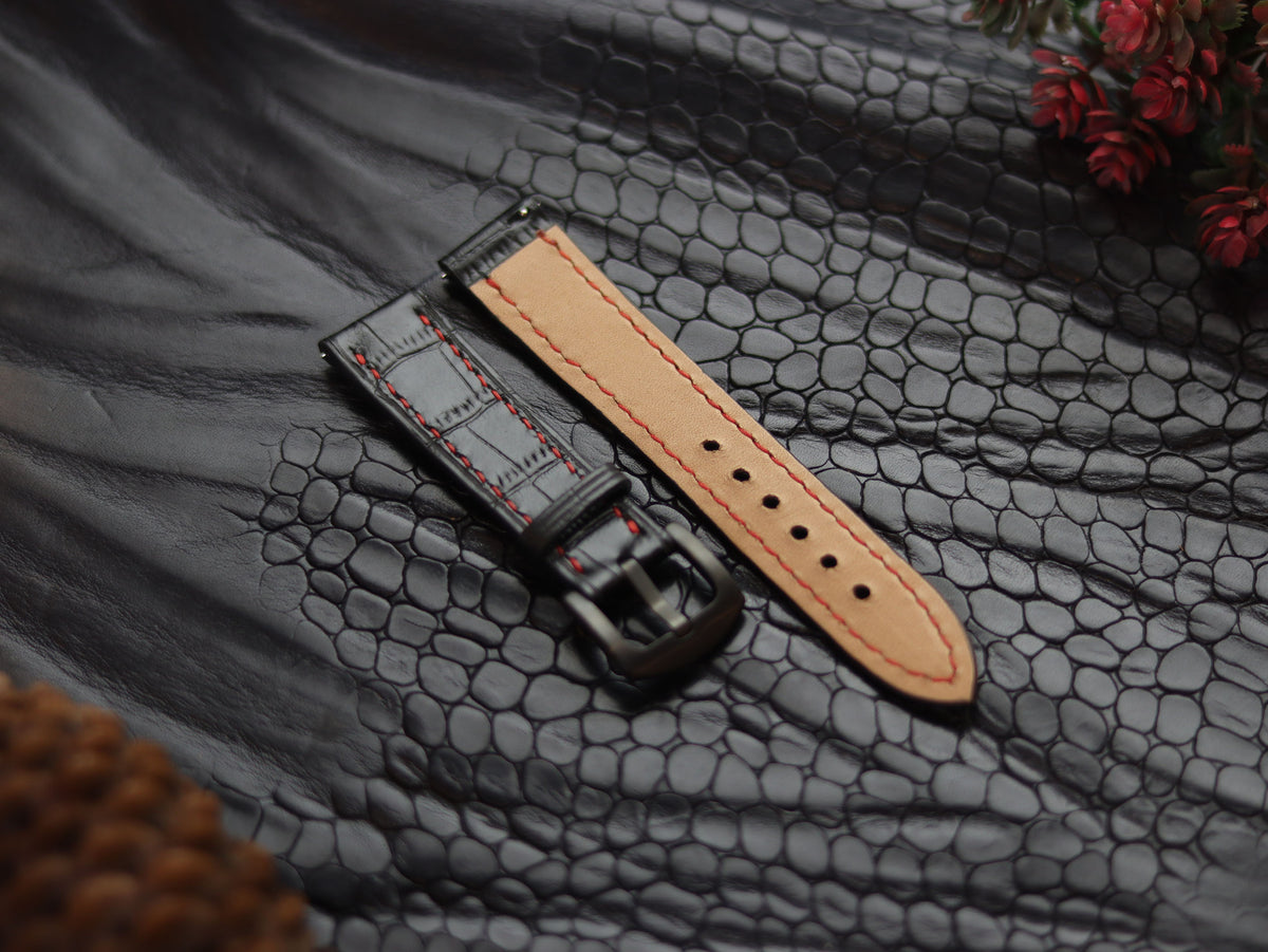 LEATHER STRAPS PYANTOM BLACK (RED) FULL STITCHED GRIP LEATHER GOODS