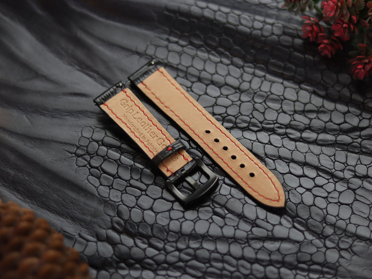 LEATHER STRAPS PYANTOM BLACK (RED) FULL STITCHED GRIP LEATHER GOODS