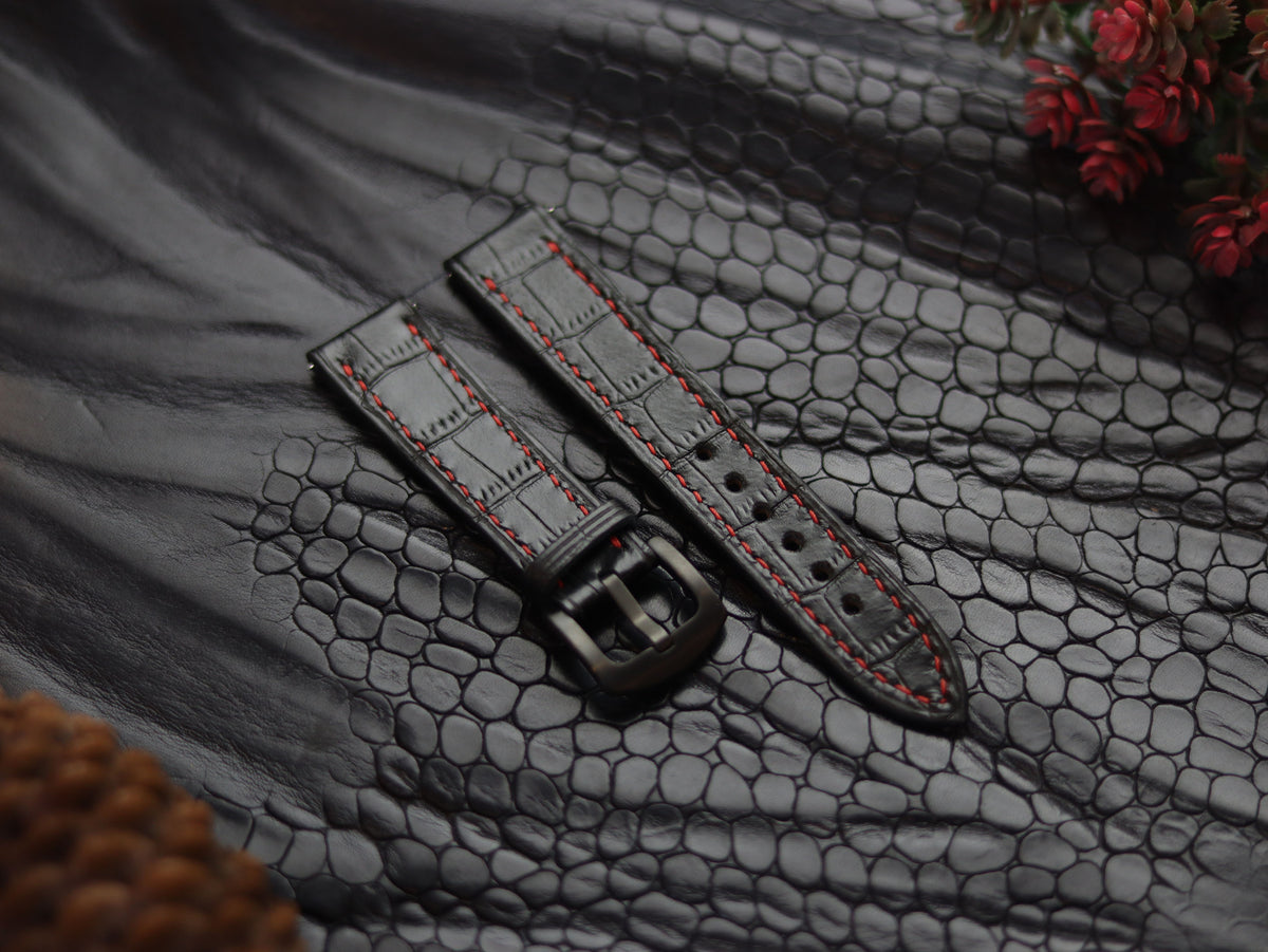 LEATHER STRAPS PYANTOM BLACK (RED) FULL STITCHED GRIP LEATHER GOODS