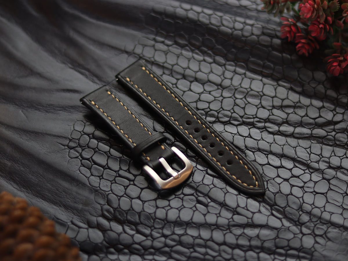 LEATHER STRAPS MATTE BLACK ( SUNSET ORANGE) FULL STITCHED GRIP LEATHER GOODS
