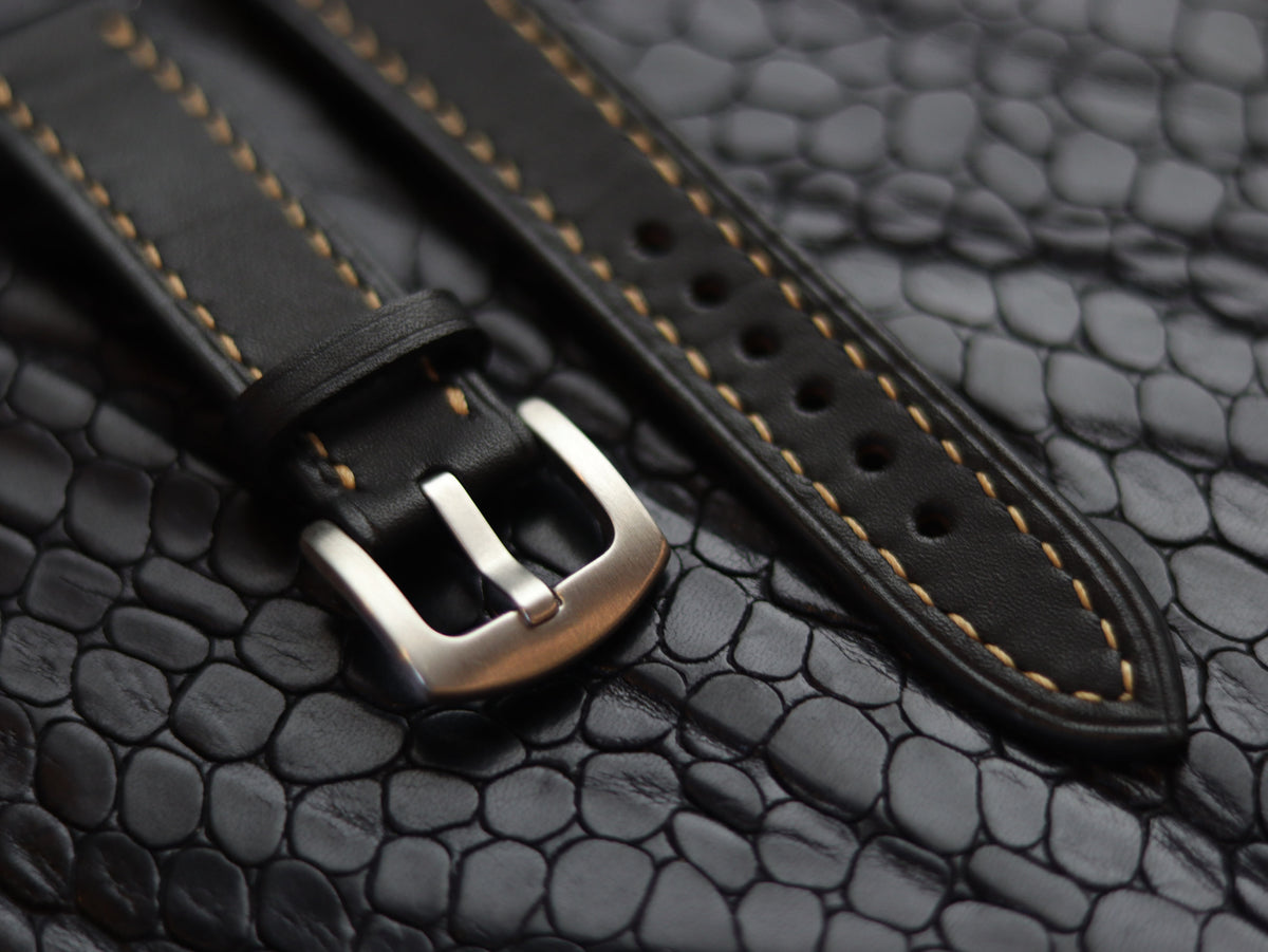 LEATHER STRAPS MATTE BLACK ( SUNSET ORANGE) FULL STITCHED GRIP LEATHER GOODS