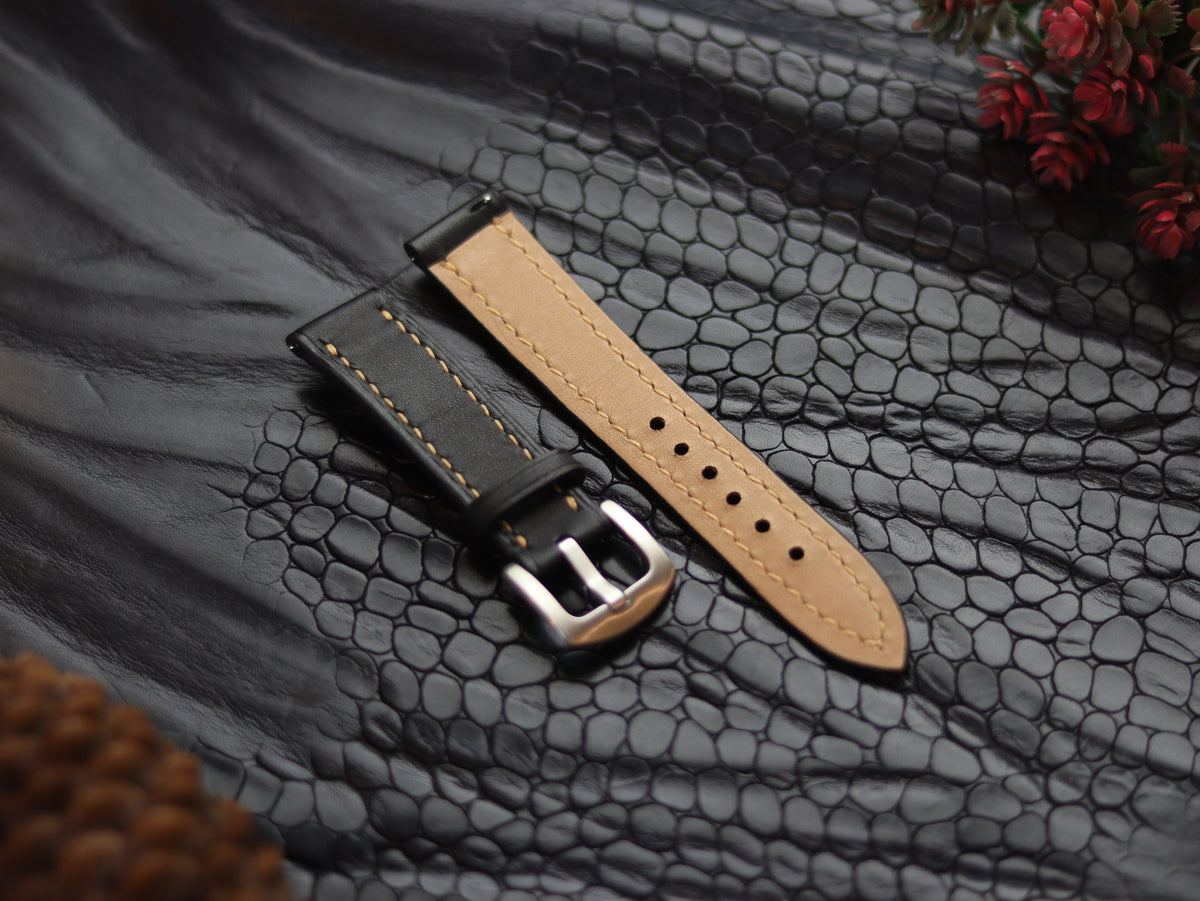 LEATHER STRAPS MATTE BLACK ( SUNSET ORANGE) FULL STITCHED GRIP LEATHER GOODS