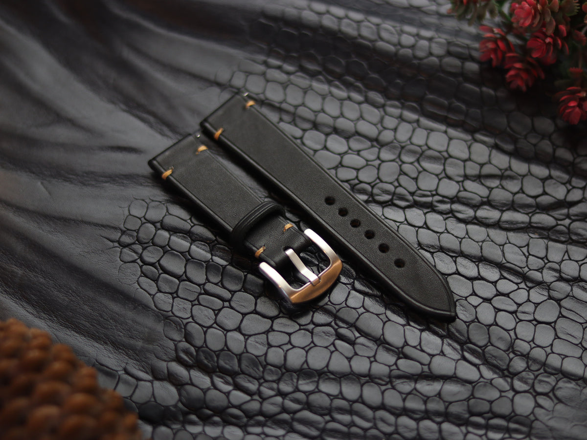 LEATHER STRAPS MATTE BLACK ( SUNSET ORANGE) MINIMAL STITCHED GRIP LEATHER GOODS