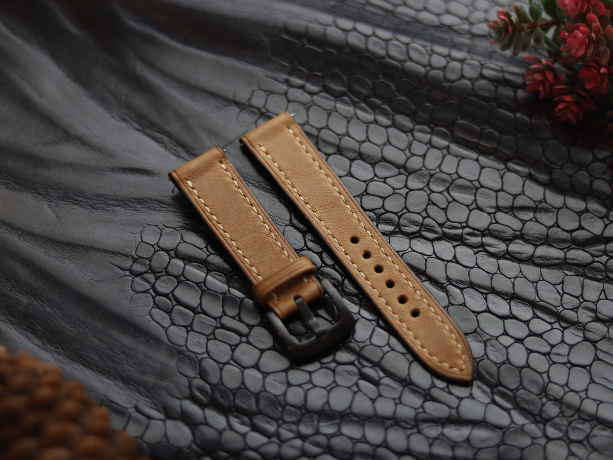LEATHER STRAPS PEBBLE BROWN (BEACH) FULL STITCHED GRIP LEATHER GOODS