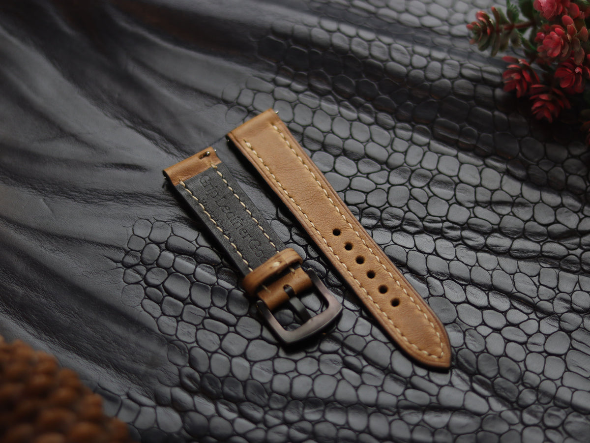 LEATHER STRAPS PEBBLE BROWN (BEACH) FULL STITCHED GRIP LEATHER GOODS