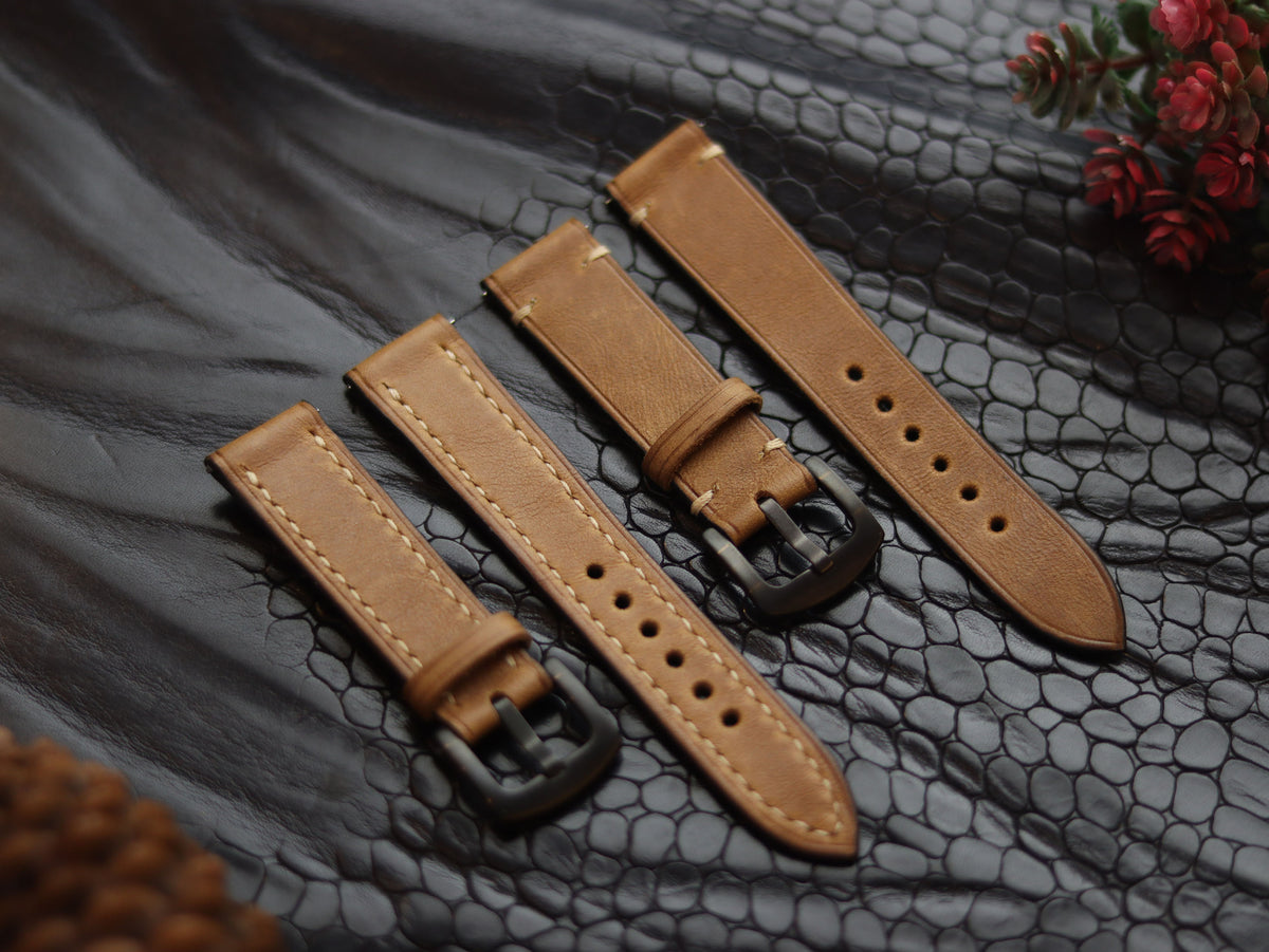 LEATHER STRAPS PEBBLE BROWN (BEACH) FULL STITCHED GRIP LEATHER GOODS