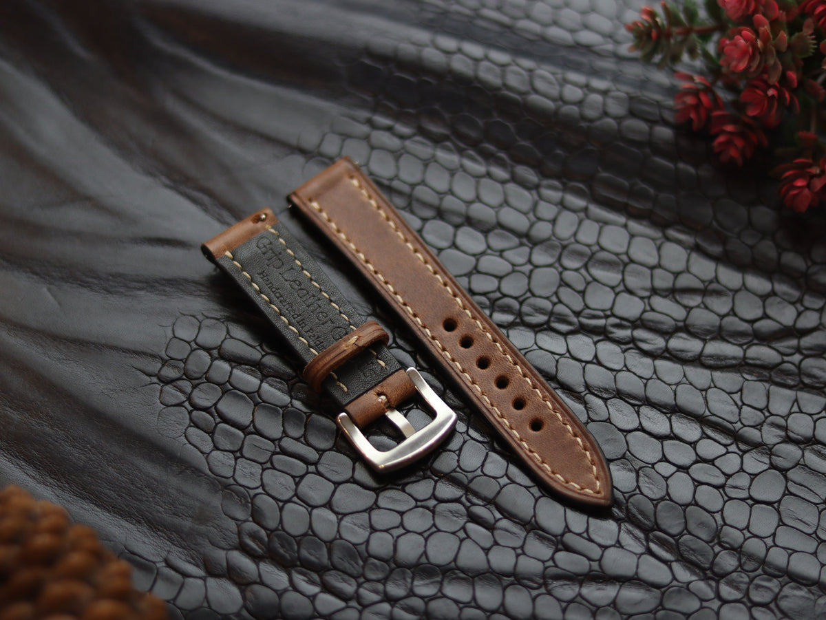 LEATHER STRAPS COFFEE BROWN (BEACH) FULL STITCHED GRIP LEATHER GOODS