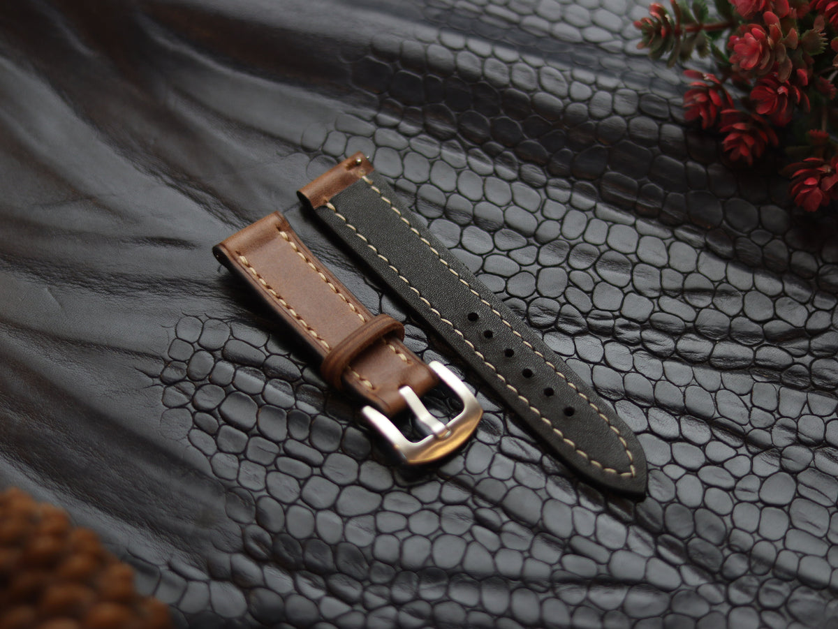 LEATHER STRAPS COFFEE BROWN (BEACH) FULL STITCHED GRIP LEATHER GOODS