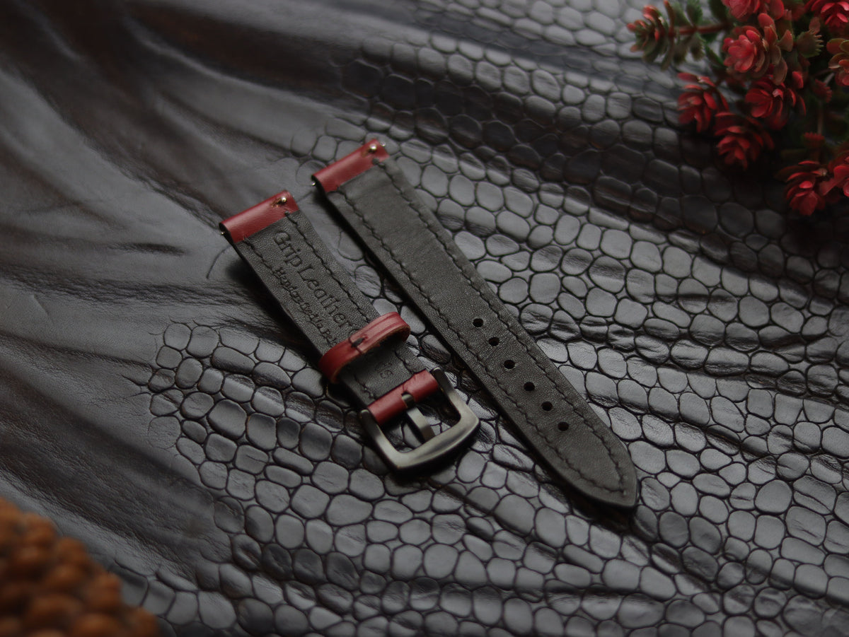 LEATHER STRAPS CRIMSON RED (BLACK) FULL STITCHED GRIP LEATHER GOODS