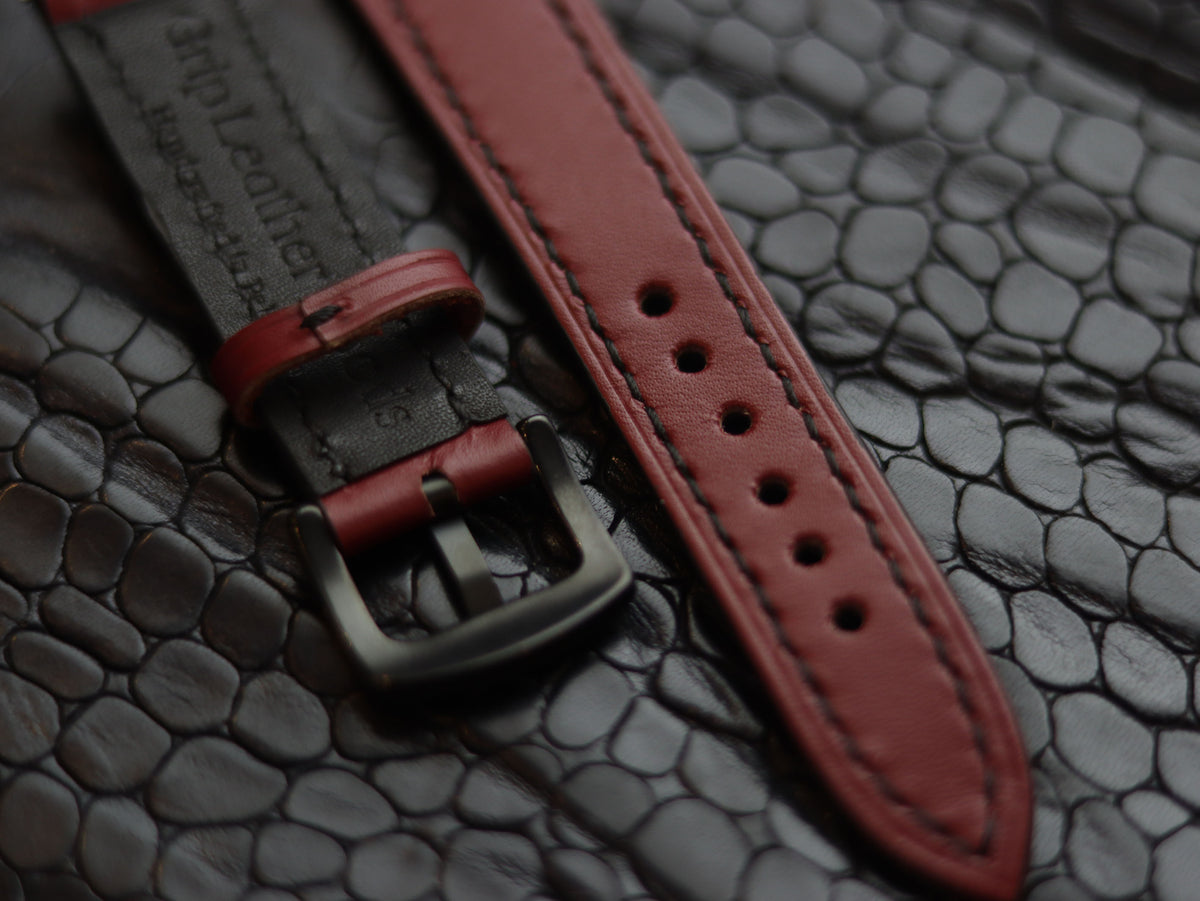 LEATHER STRAPS CRIMSON RED (BLACK) FULL STITCHED GRIP LEATHER GOODS