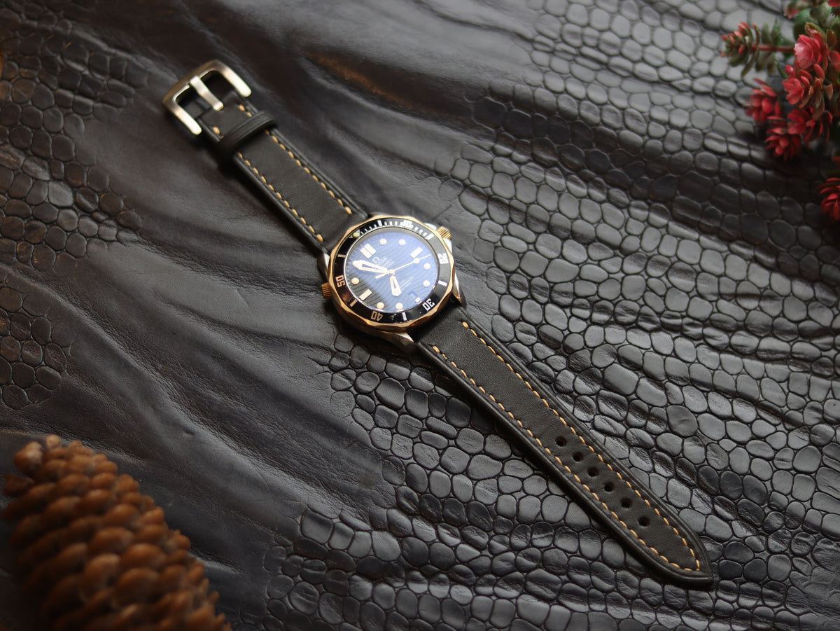 LEATHER STRAPS MATTE BLACK ( SUNSET ORANGE) FULL STITCHED GRIP LEATHER GOODS