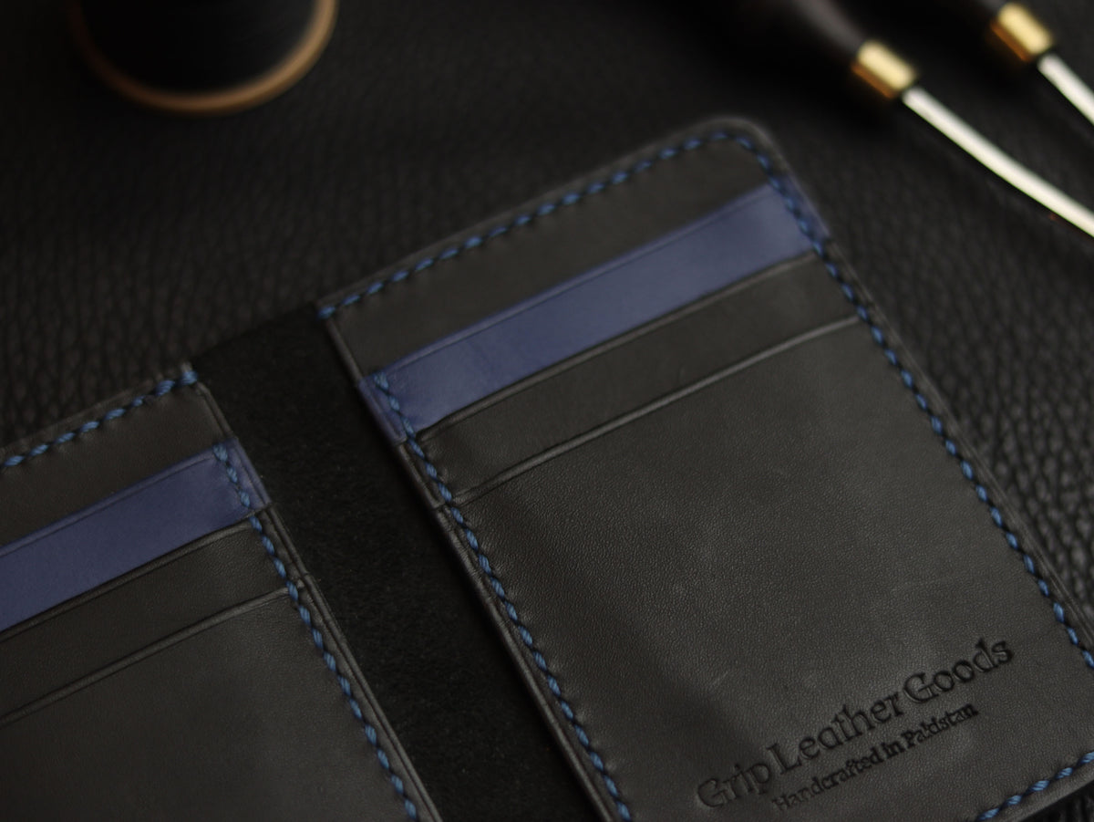 HUDSON SLIM BI-FOLD WALLET MATTE BLACK & BLUE GRIP LEATHER GOODS