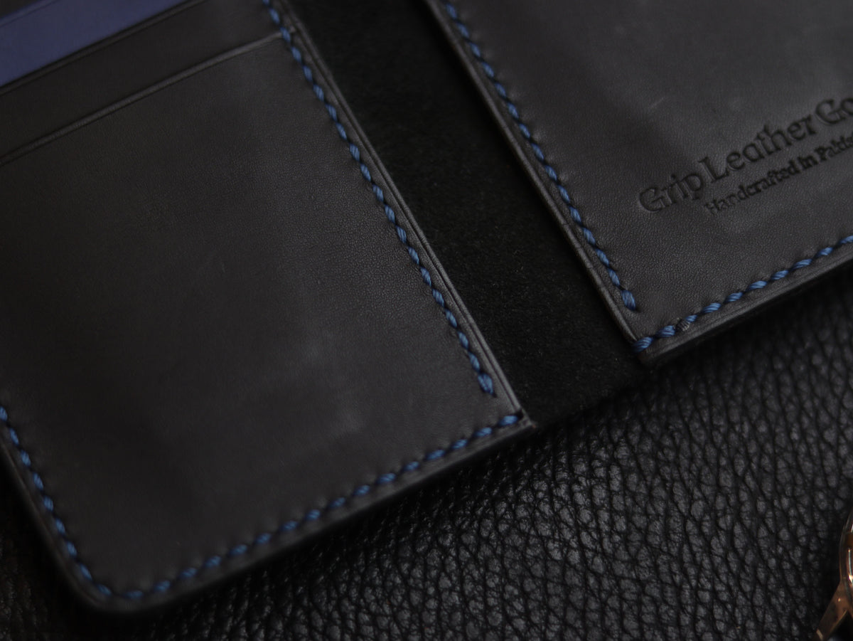 HUDSON SLIM BI-FOLD WALLET MATTE BLACK & BLUE GRIP LEATHER GOODS