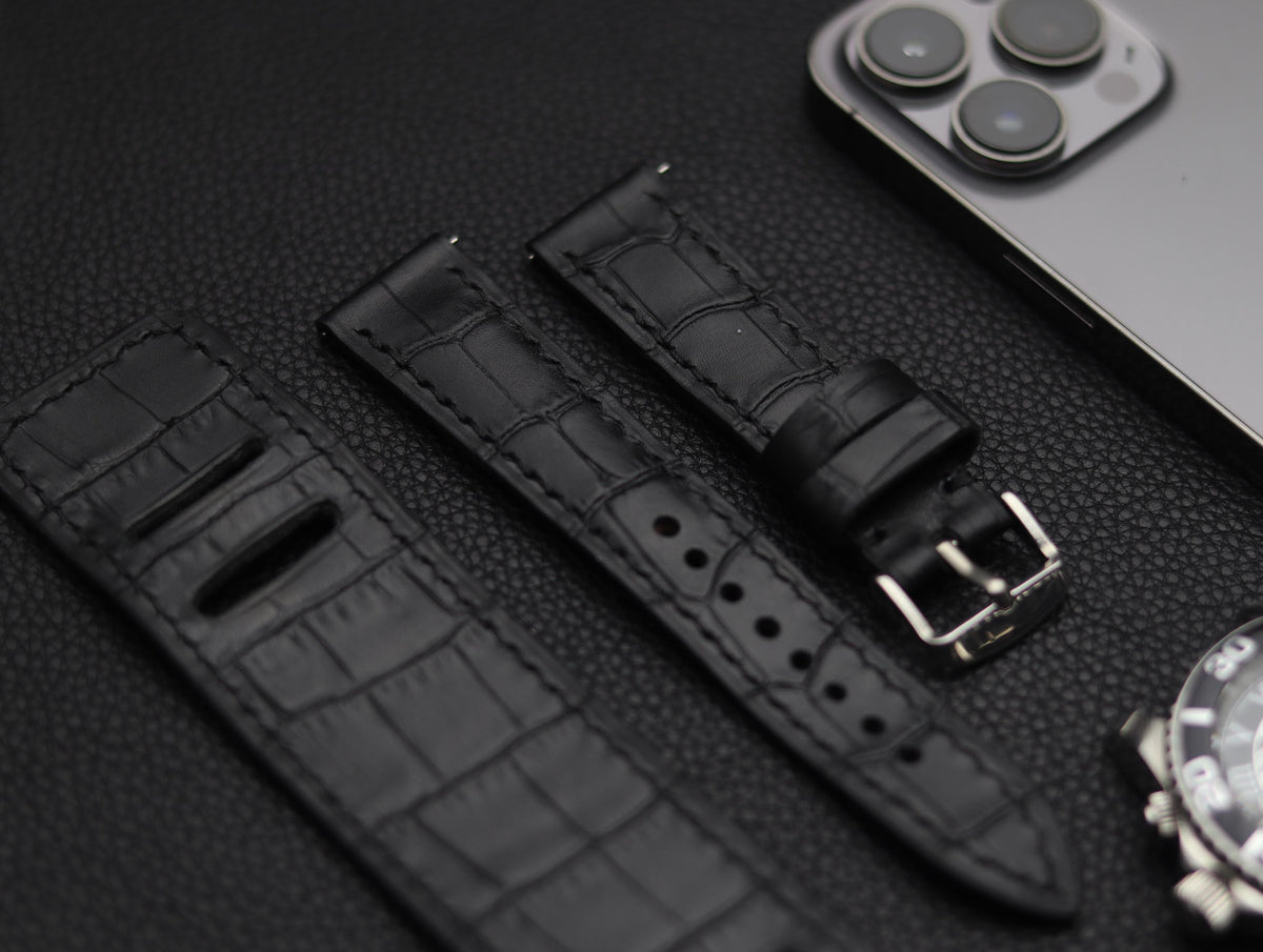 BASTIAN PREMIUM LEATHER CUFF STRAPS CROCODILE BLACK