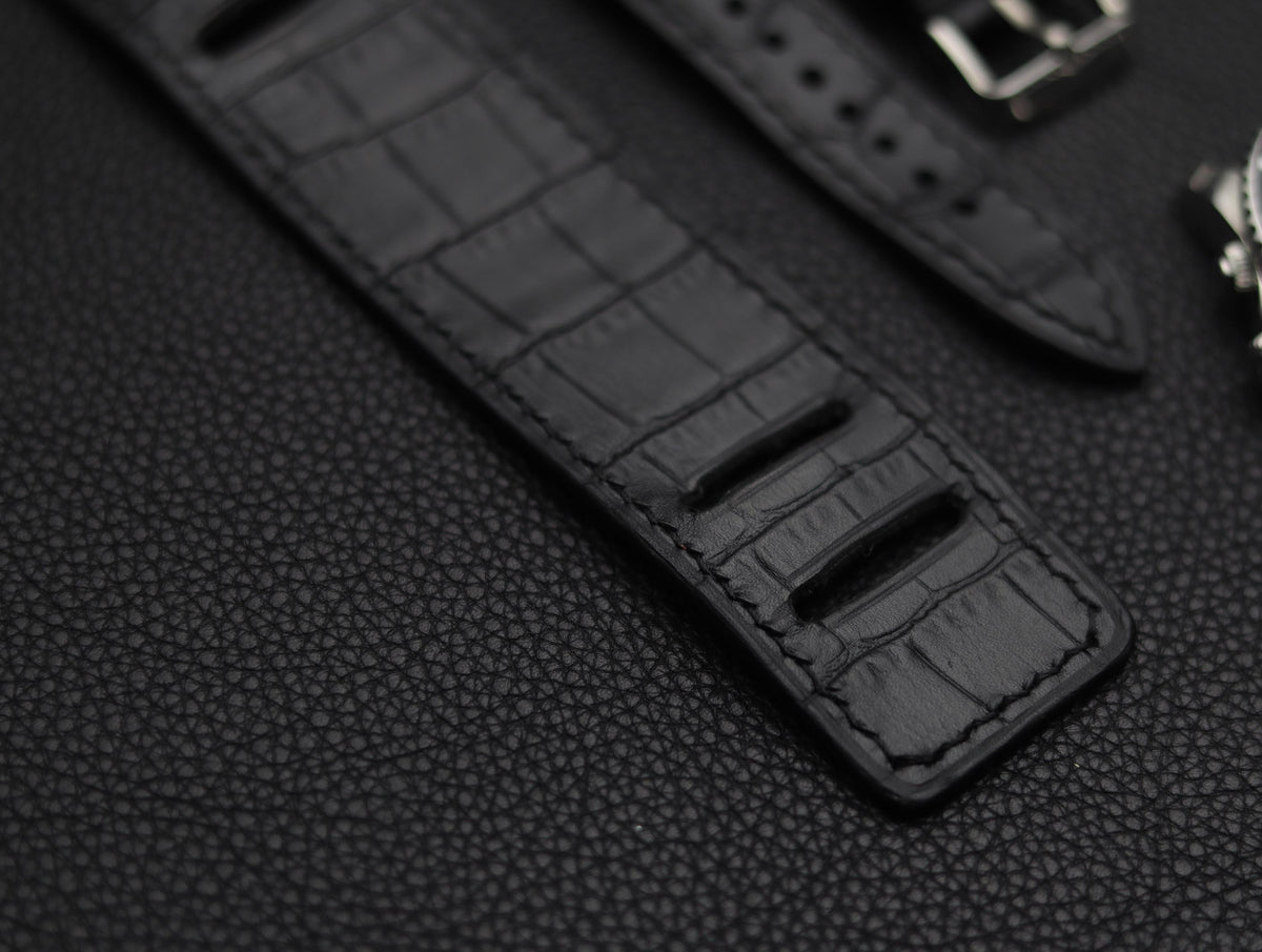 BASTIAN PREMIUM LEATHER CUFF STRAPS CROCODILE BLACK