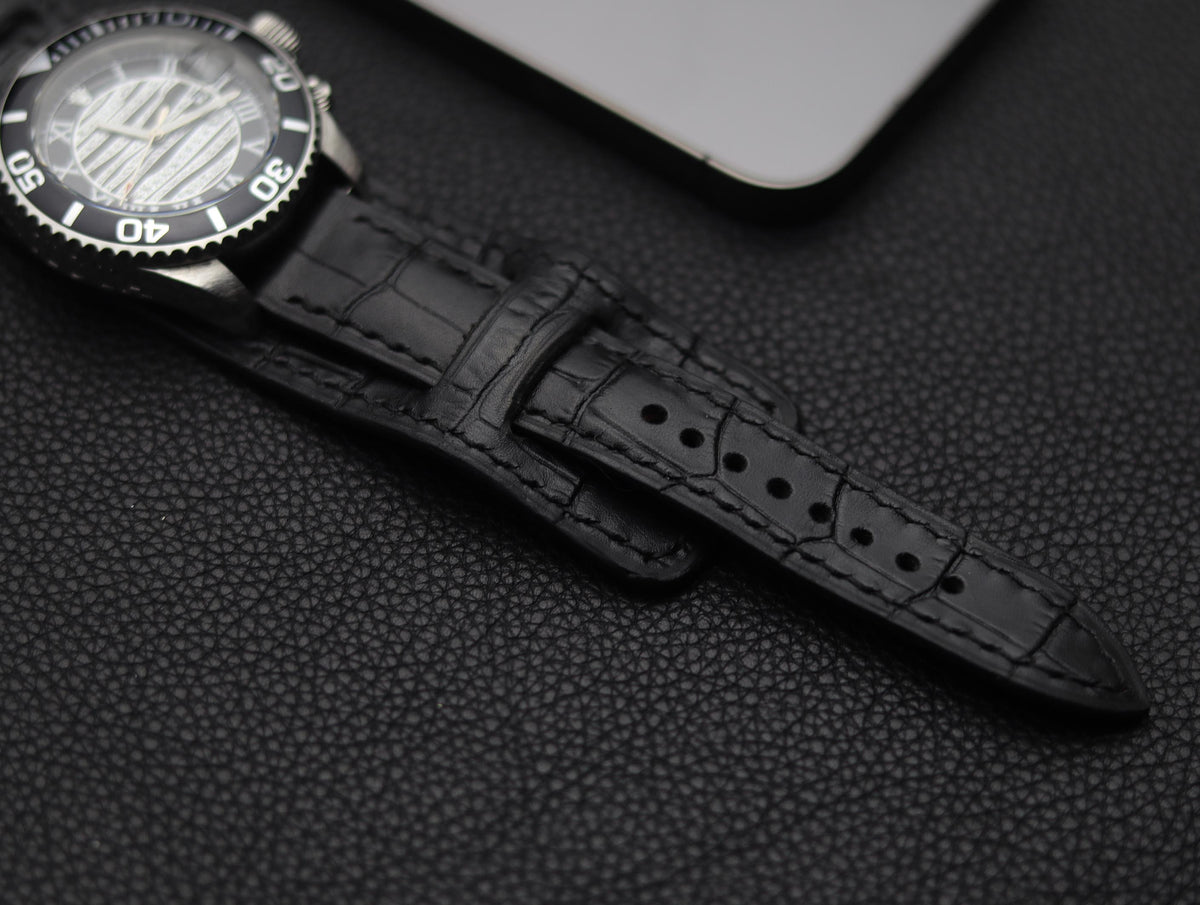 BASTIAN PREMIUM LEATHER CUFF STRAPS CROCODILE BLACK