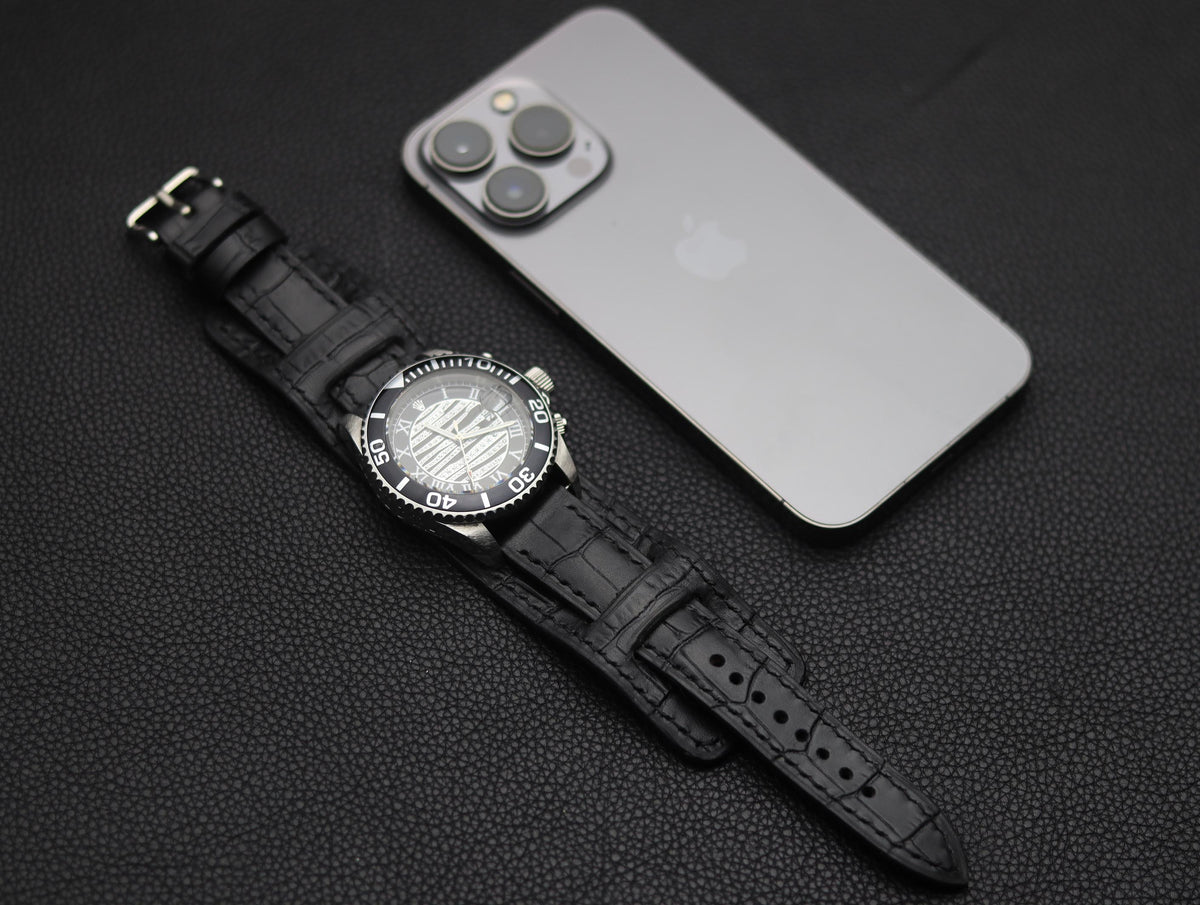 BASTIAN PREMIUM LEATHER CUFF STRAPS CROCODILE BLACK