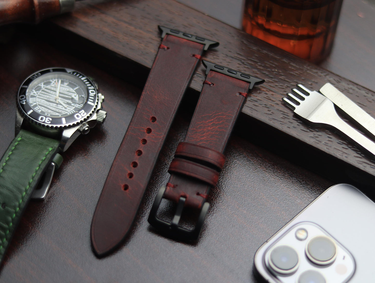 PREMIUM LEATHER STRAP MERLOT RED - MINIMAL STITCHED (RED)