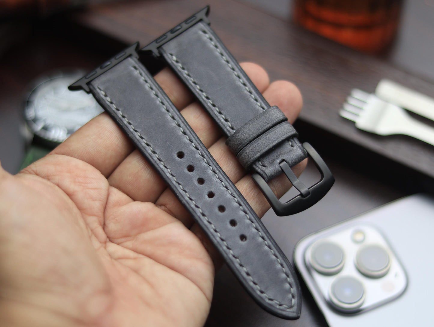 PREMIUM LEATHER STRAP EMPIRICAL GREY FULL STITCHED (GREY)