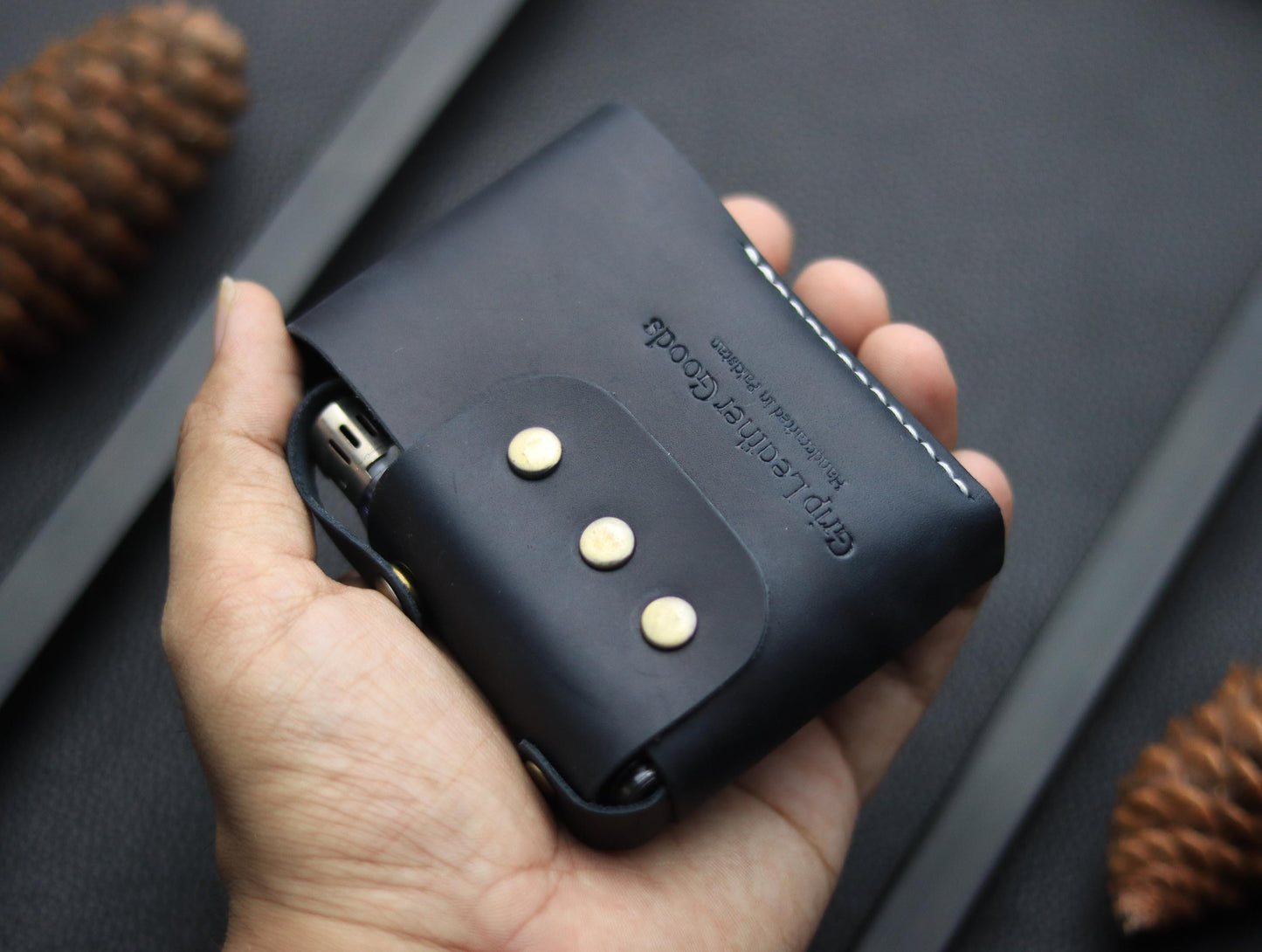 Genuine Leather Cigarette Case Side Lighter Pocket MIDNIGHT BLUE