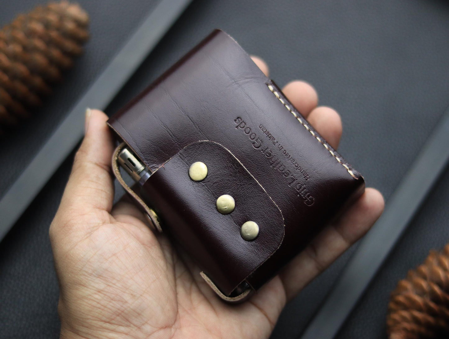 Genuine Leather Cigarette Case Side Lighter Pocket WALNUT BROWN