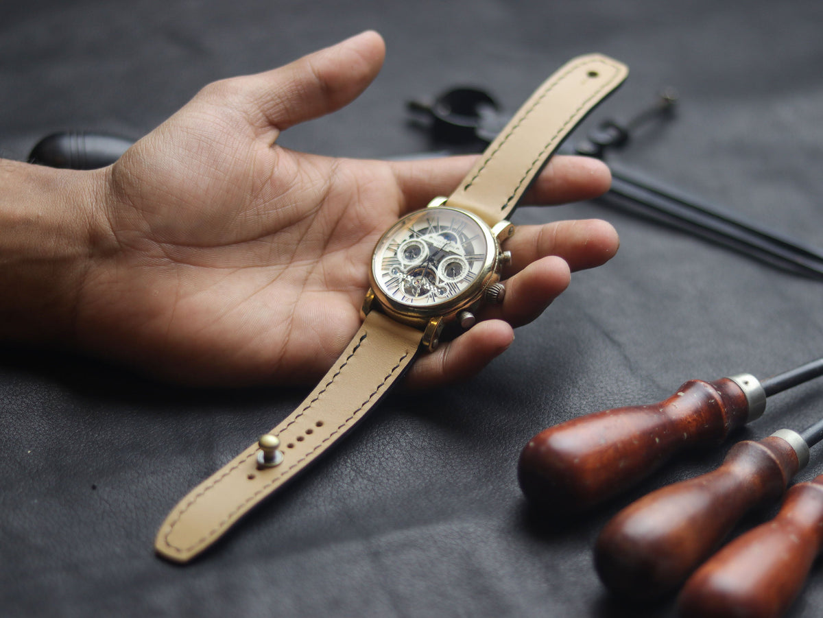 CHIFFON WHITE (BLACK) - FULL STITCHED WATCH STRAPS grip