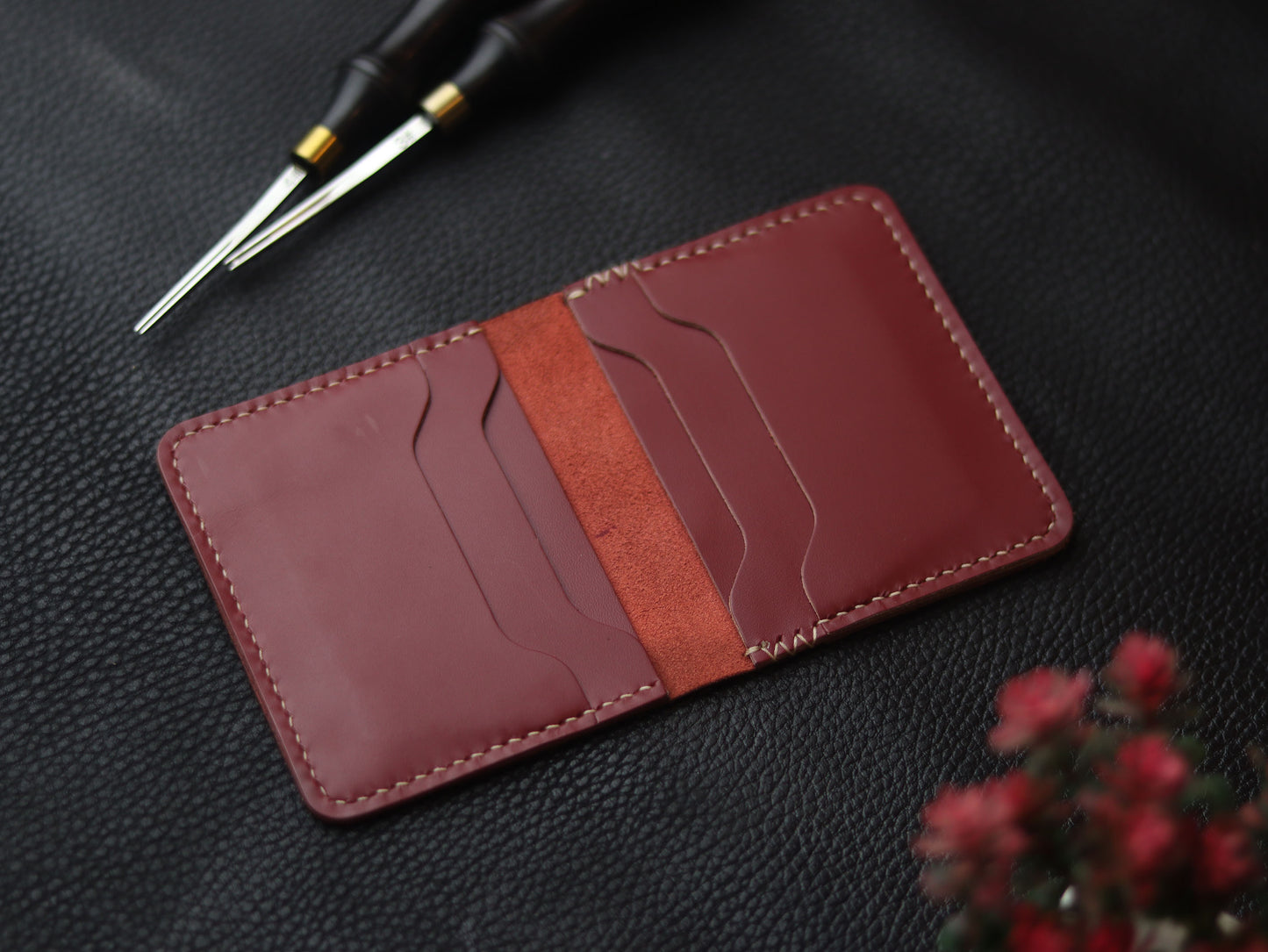 BISON ITALIAN BIFOLD CARD HOLDER - CRIMSON RED GRIP LEATHER GOODS