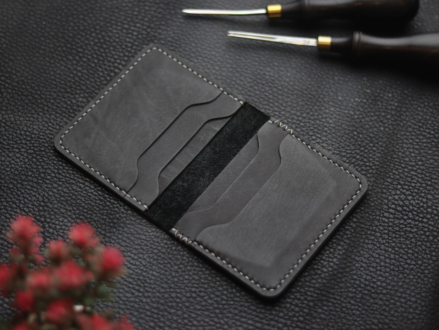 BISON ITALIAN BIFOLD CARD HOLDER - MATTE BLACK GRIP LEATHER GOODS