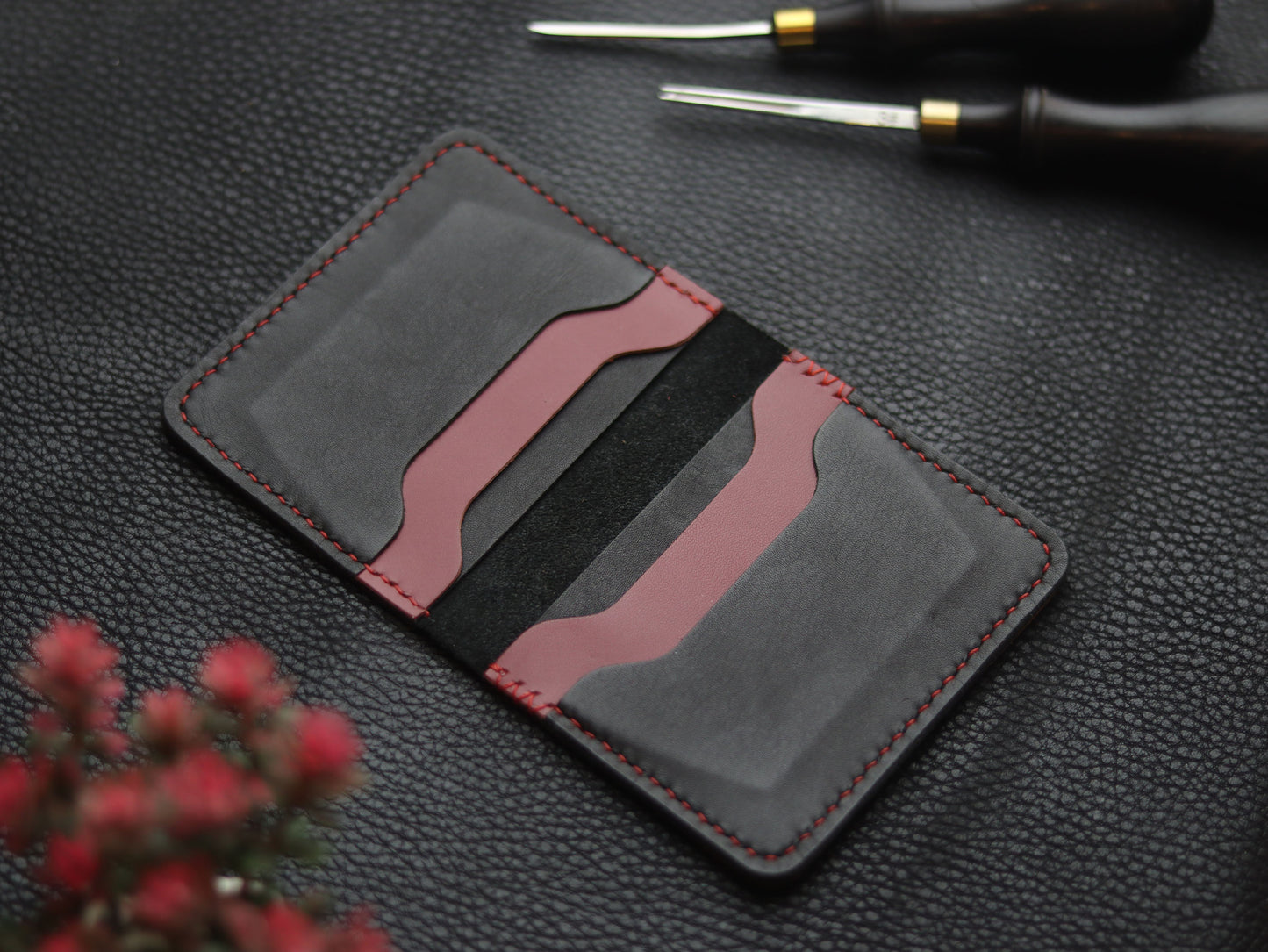 BISON ITALIAN BIFOLD CARD HOLDER - CRIMSON RED & MATTE BLACK GRIP LEATHER GOODS