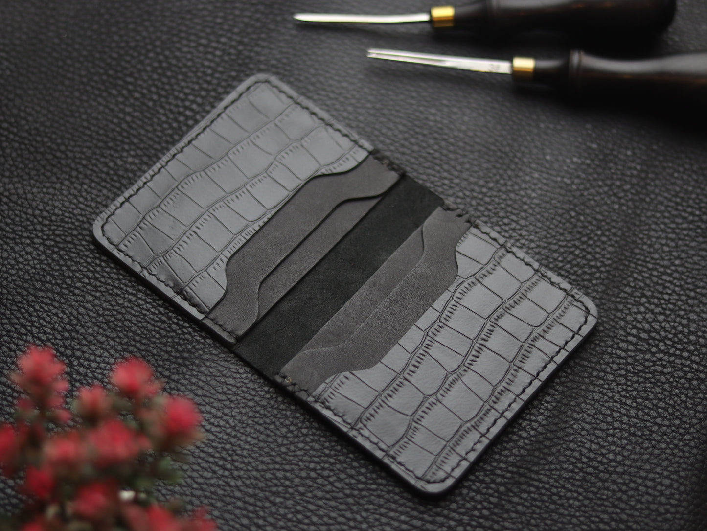 BISON ITALIAN BIFOLD CARD HOLDER - PHANTOM BLACK & MATTE BLACK GRIP LEATHER GOODS