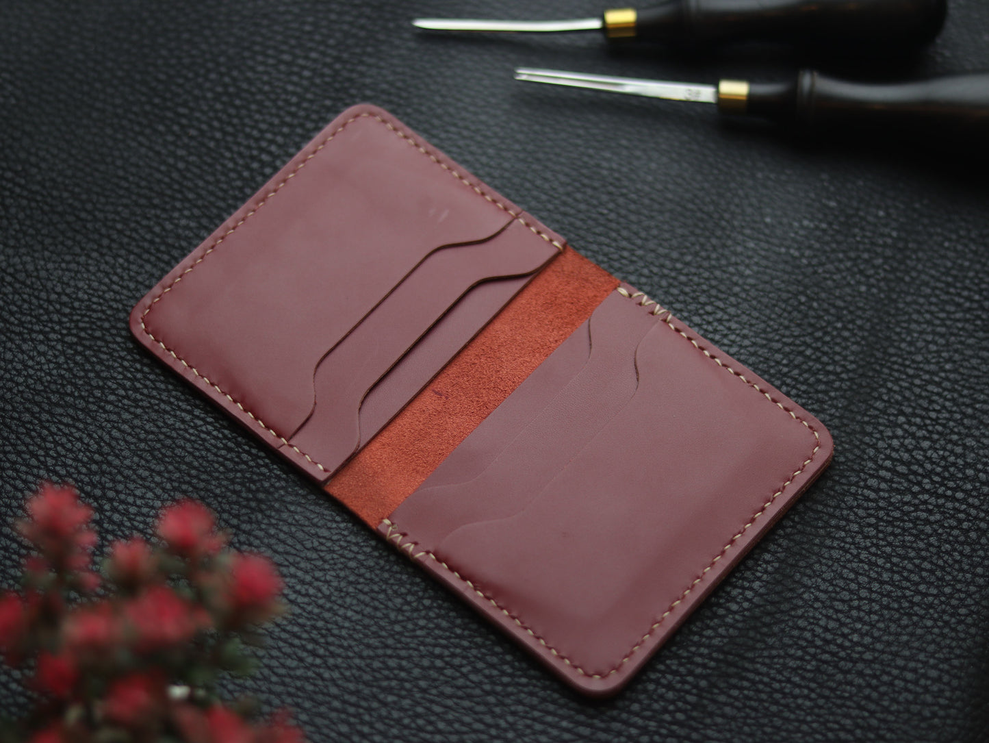 BISON ITALIAN BIFOLD CARD HOLDER - CRIMSON RED GRIP LEATHER GOODS