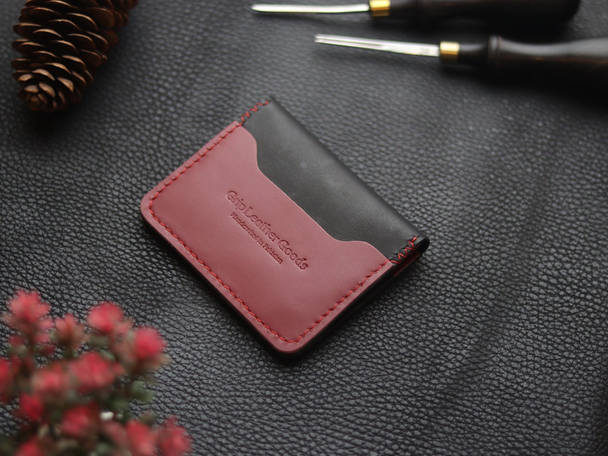 BISON ITALIAN BIFOLD CARD HOLDER - CRIMSON RED & MATTE BLACK GRIP LEATHER GOODS