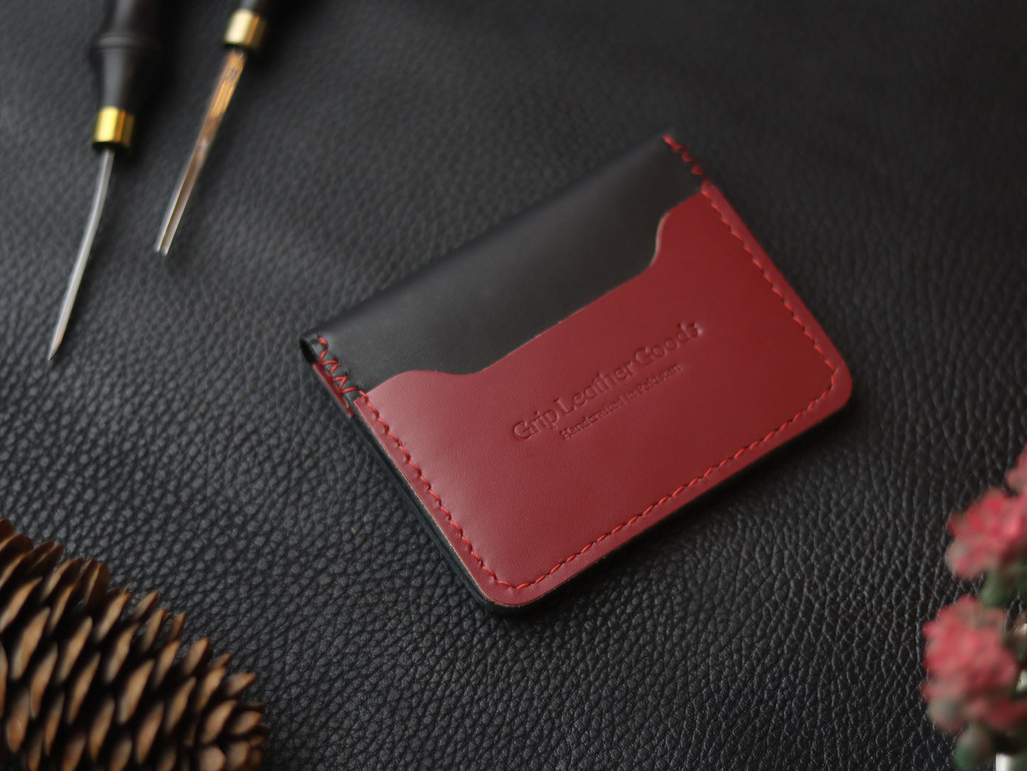 BISON ITALIAN BIFOLD CARD HOLDER - CRIMSON RED & MATTE BLACK GRIP LEATHER GOODS