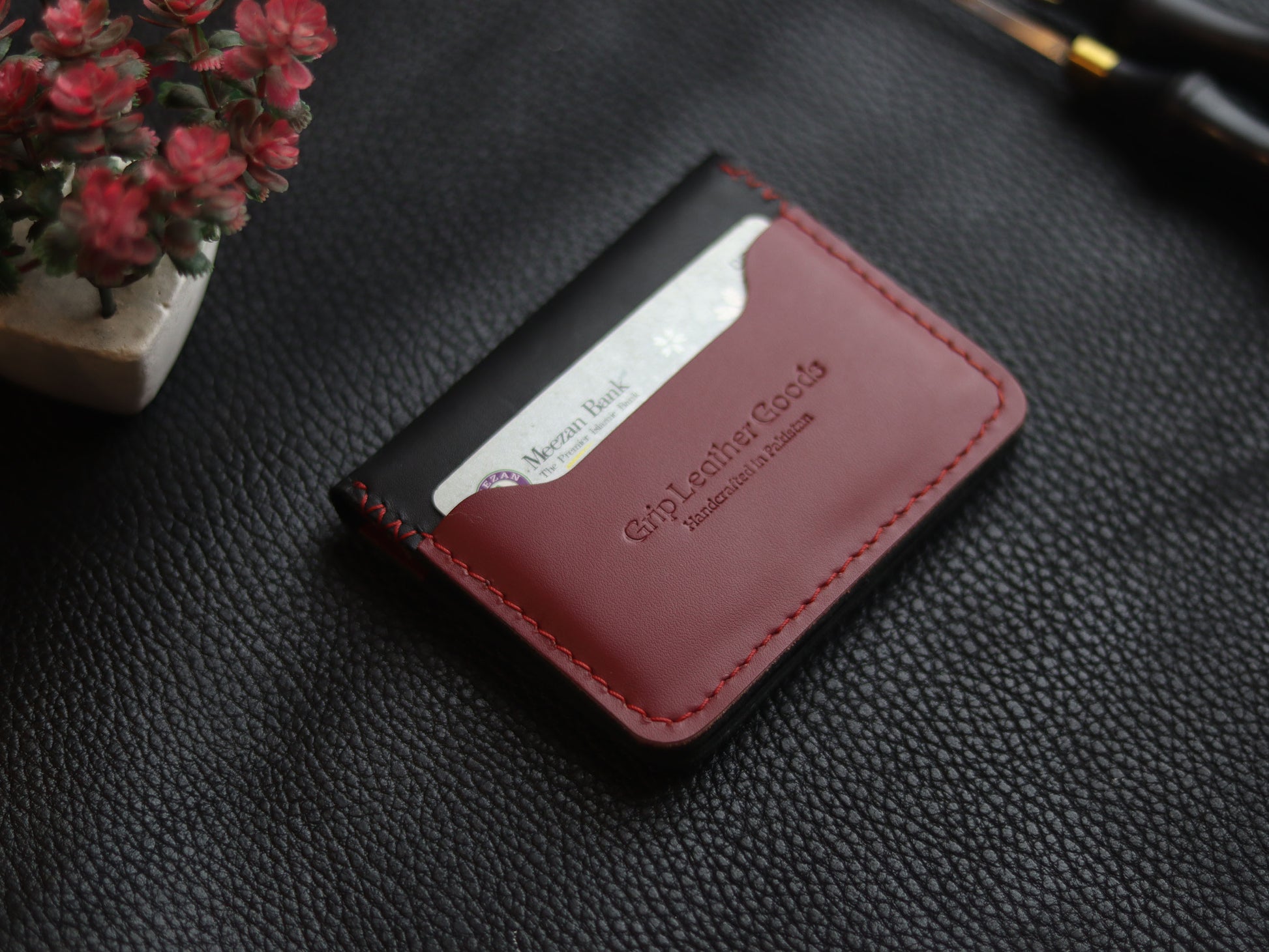 BISON ITALIAN BIFOLD CARD HOLDER - CRIMSON RED & MATTE BLACK GRIP LEATHER GOODS