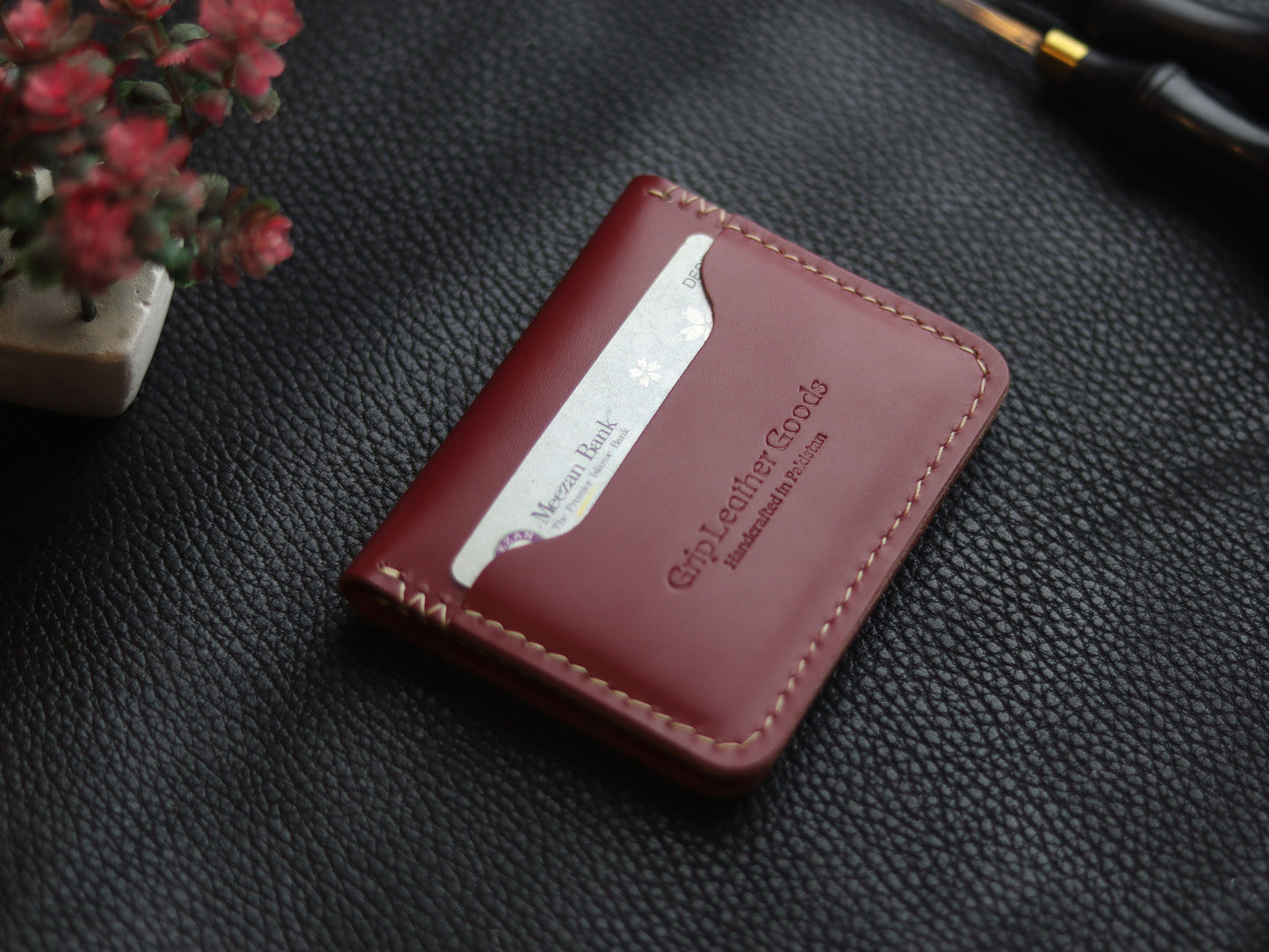 BISON ITALIAN BIFOLD CARD HOLDER - CRIMSON RED GRIP LEATHER GOODS