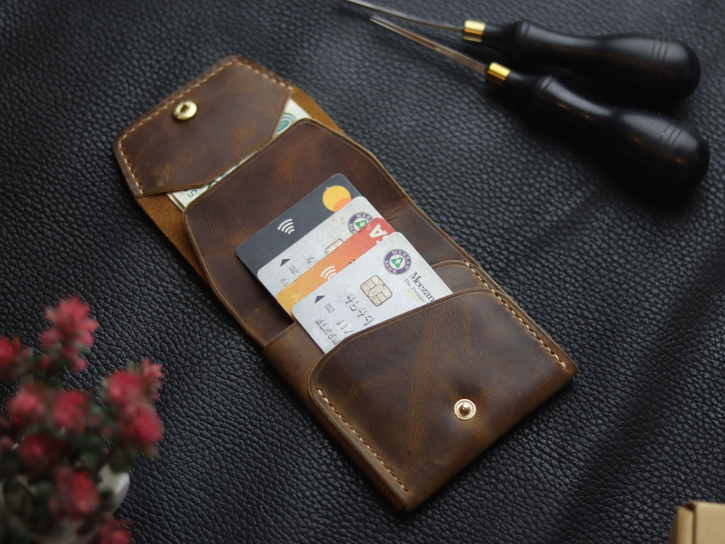 CARVES MINI SMART WALLET BRUNETTE BROWN GRIP LEATHER GOODS