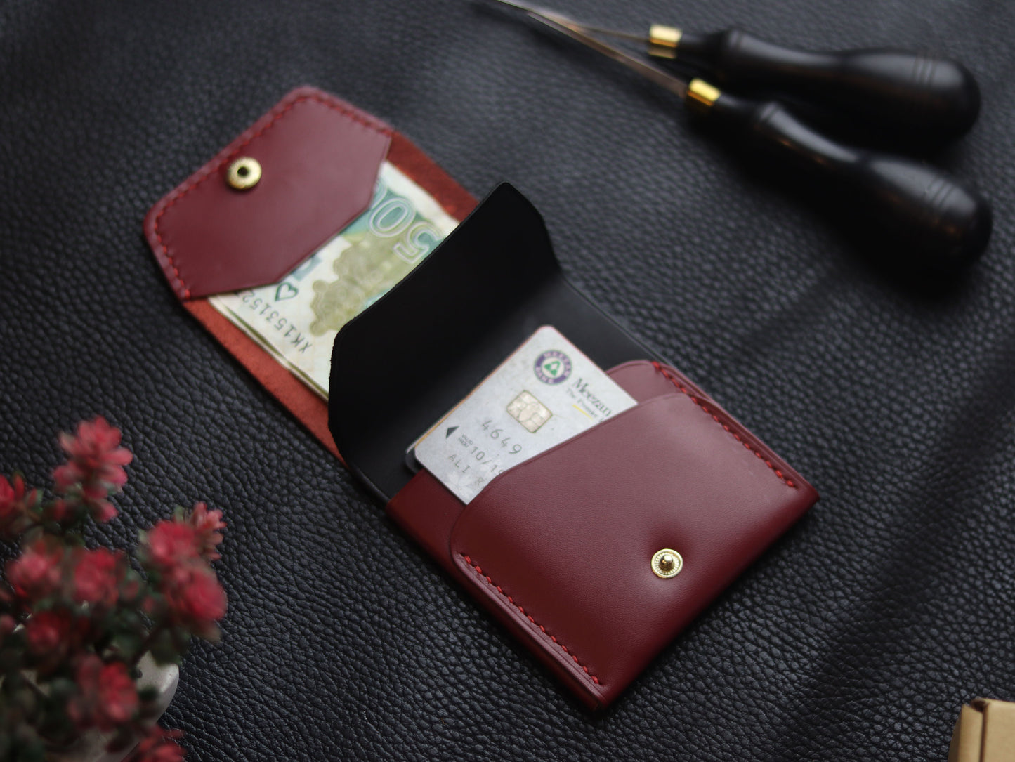 CARVES MINI SMART WALLET CRIMSOM RED & BLACK GRIP LEATHER GOODS