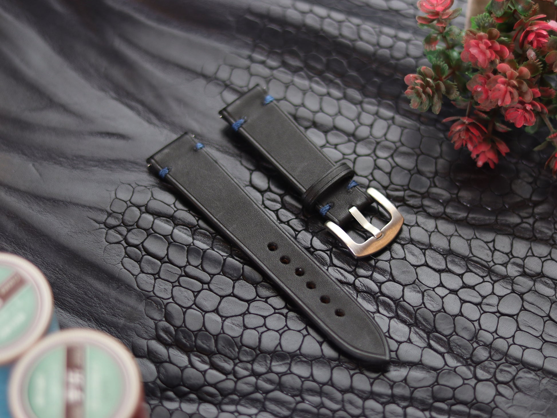 LEATHER STRAPS  MATTE BLACK (BLUE ) MINIMAL STITCHED GRIP LEATHER GOODS