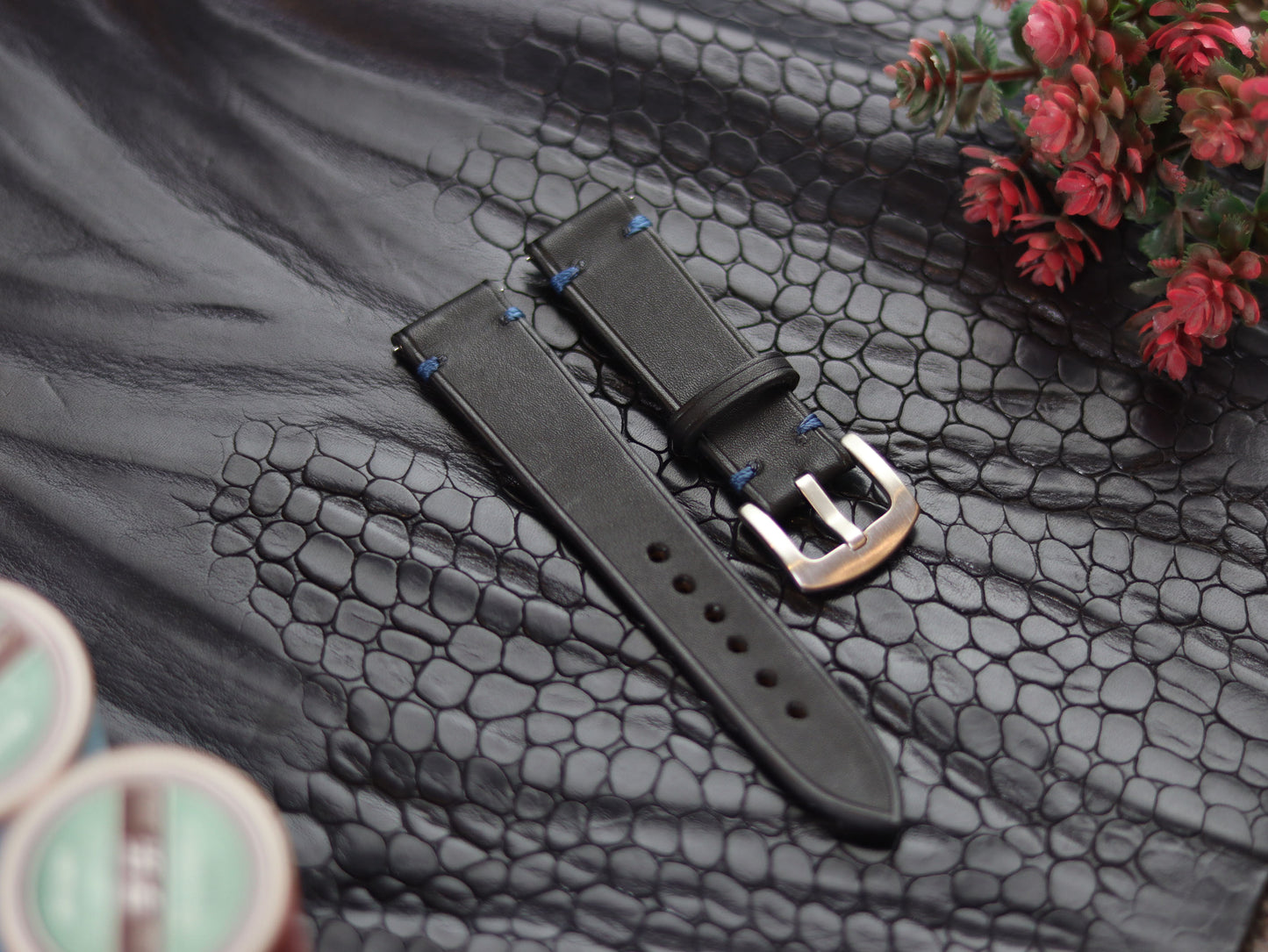 LEATHER STRAPS  MATTE BLACK (BLUE ) MINIMAL STITCHED GRIP LEATHER GOODS