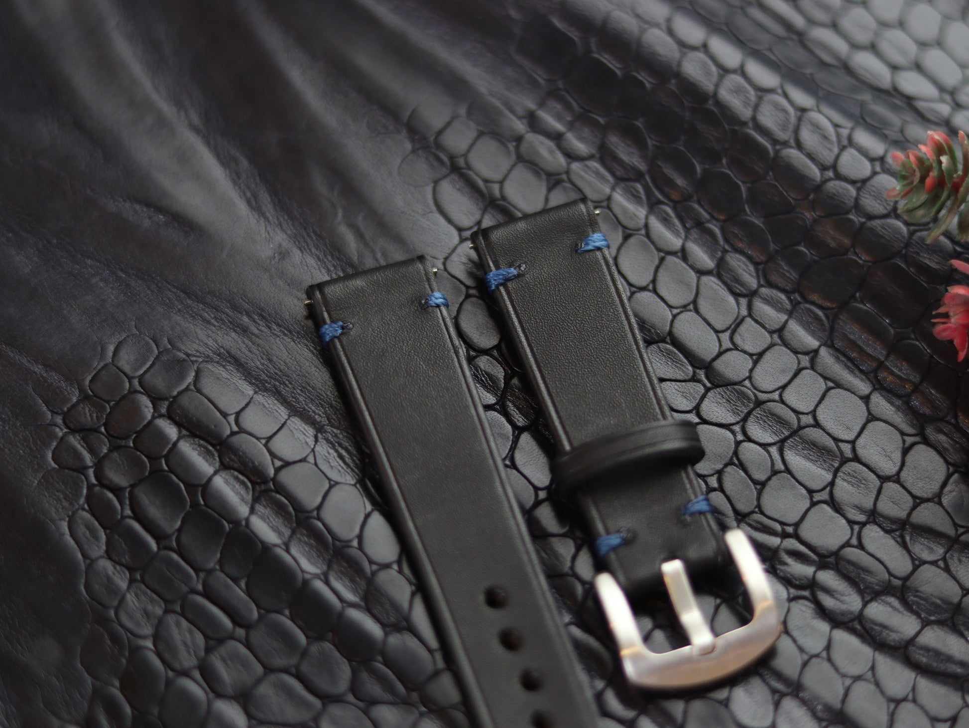 LEATHER STRAPS  MATTE BLACK (BLUE ) MINIMAL STITCHED GRIP LEATHER GOODS
